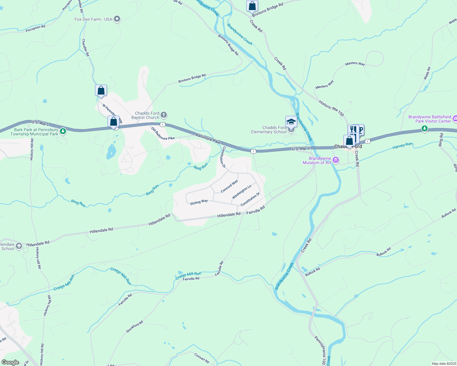 map of restaurants, bars, coffee shops, grocery stores, and more near 5 Concord Way in Chadds Ford