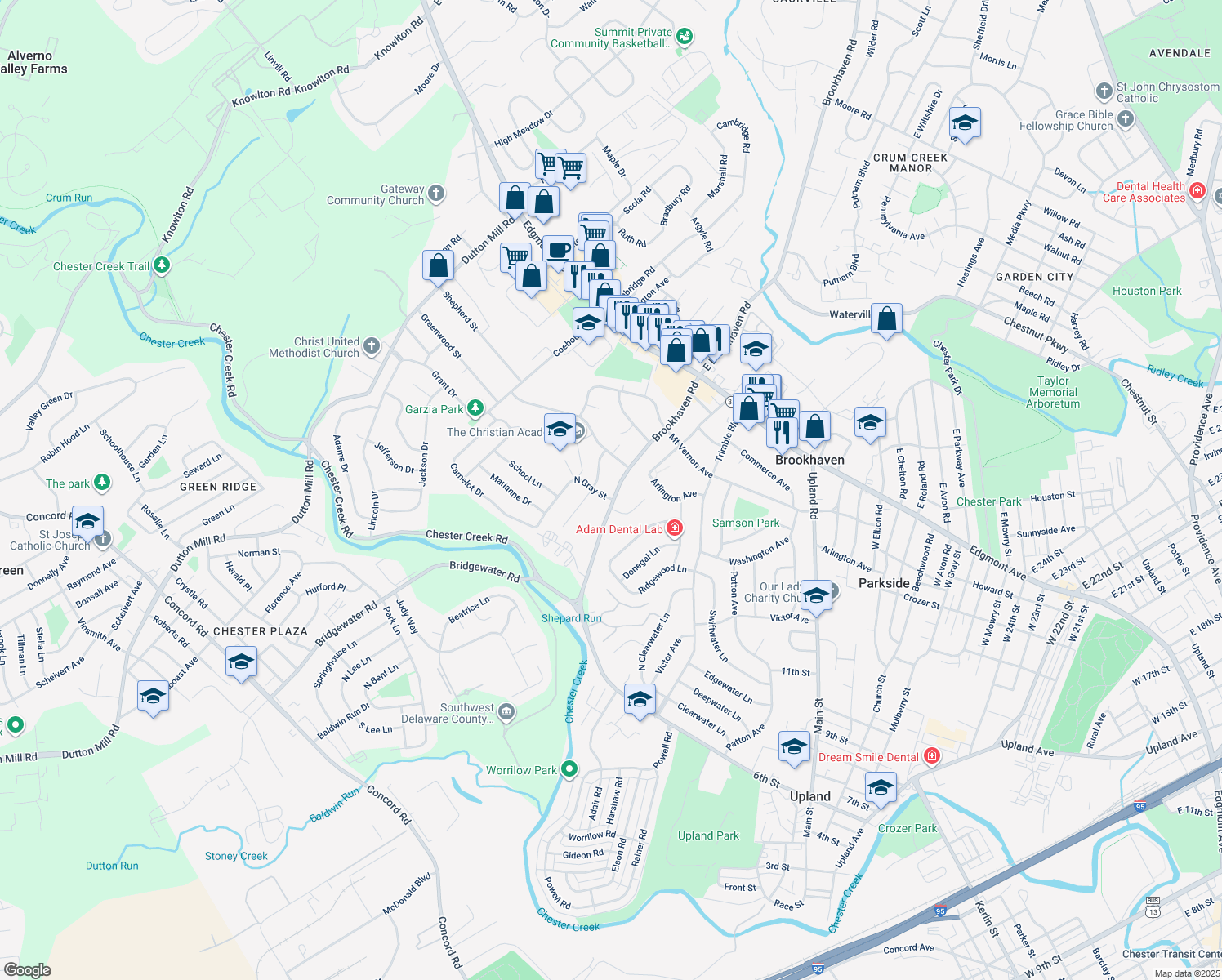 map of restaurants, bars, coffee shops, grocery stores, and more near 338 West Brookhaven Road in Brookhaven