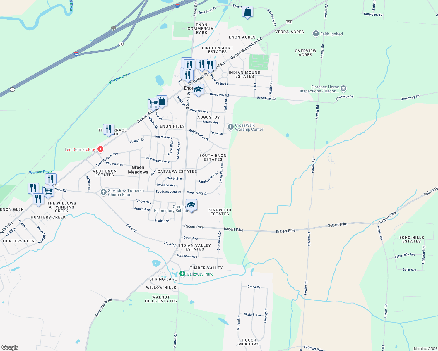 map of restaurants, bars, coffee shops, grocery stores, and more near 282 Green Vista Drive in Enon