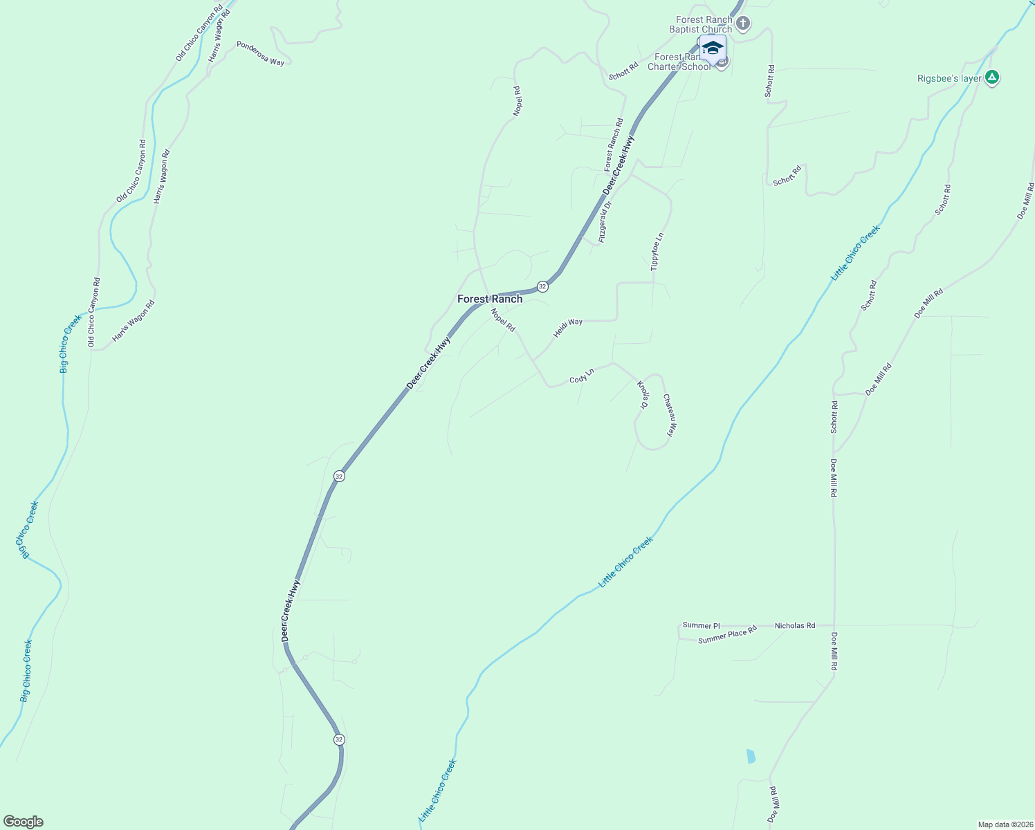 map of restaurants, bars, coffee shops, grocery stores, and more near 15378 Scotties Lane in Forest Ranch