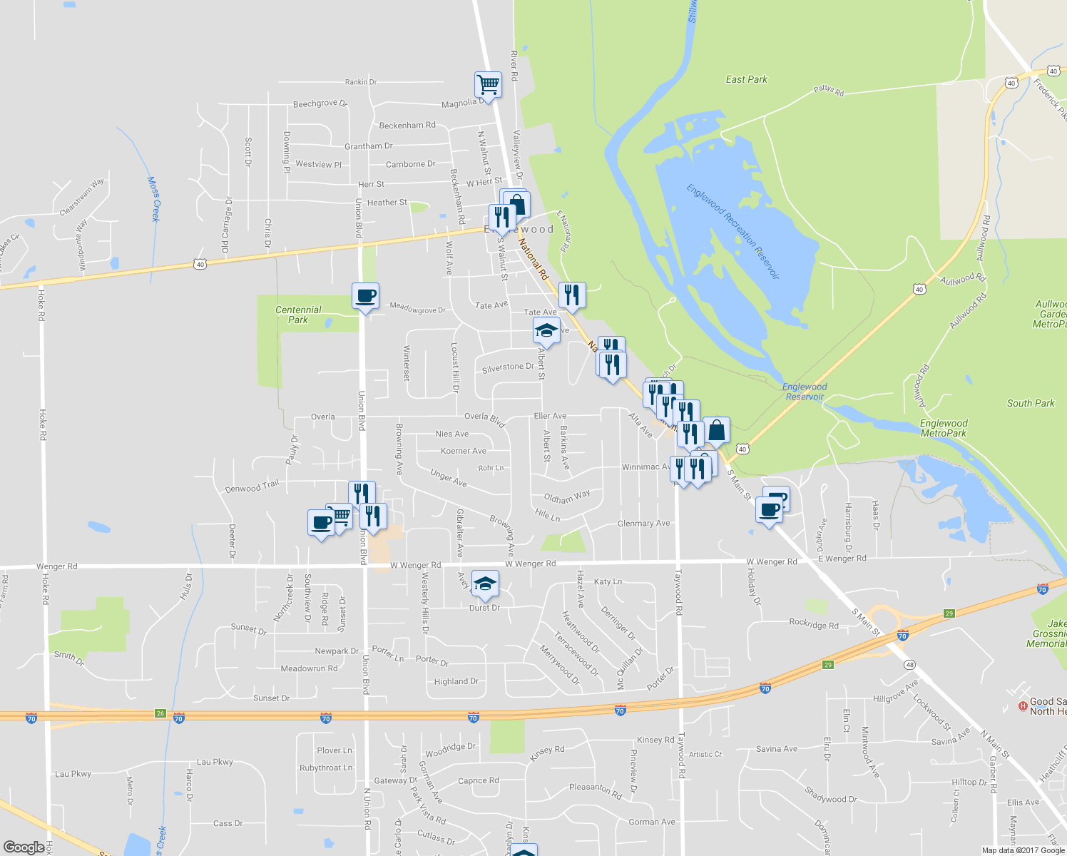 map of restaurants, bars, coffee shops, grocery stores, and more near 927 Hile Lane in Englewood