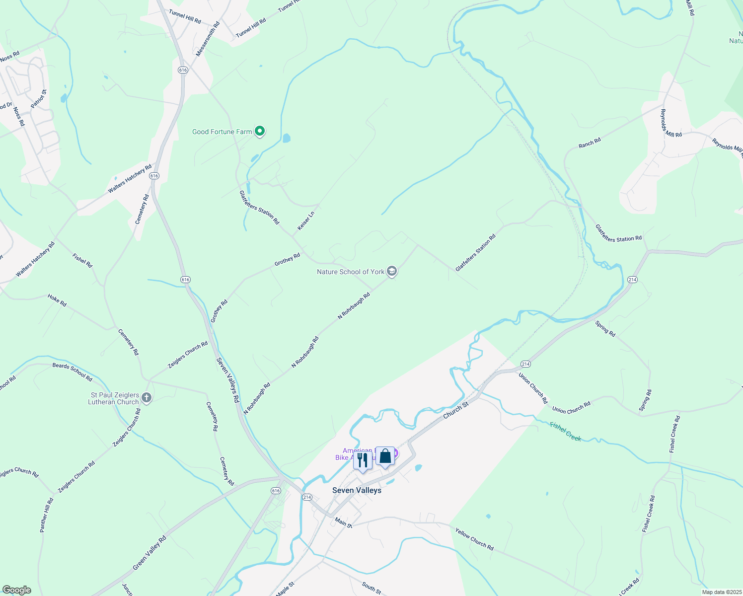 map of restaurants, bars, coffee shops, grocery stores, and more near 3936 North Rohrbaugh Road in Seven Valleys