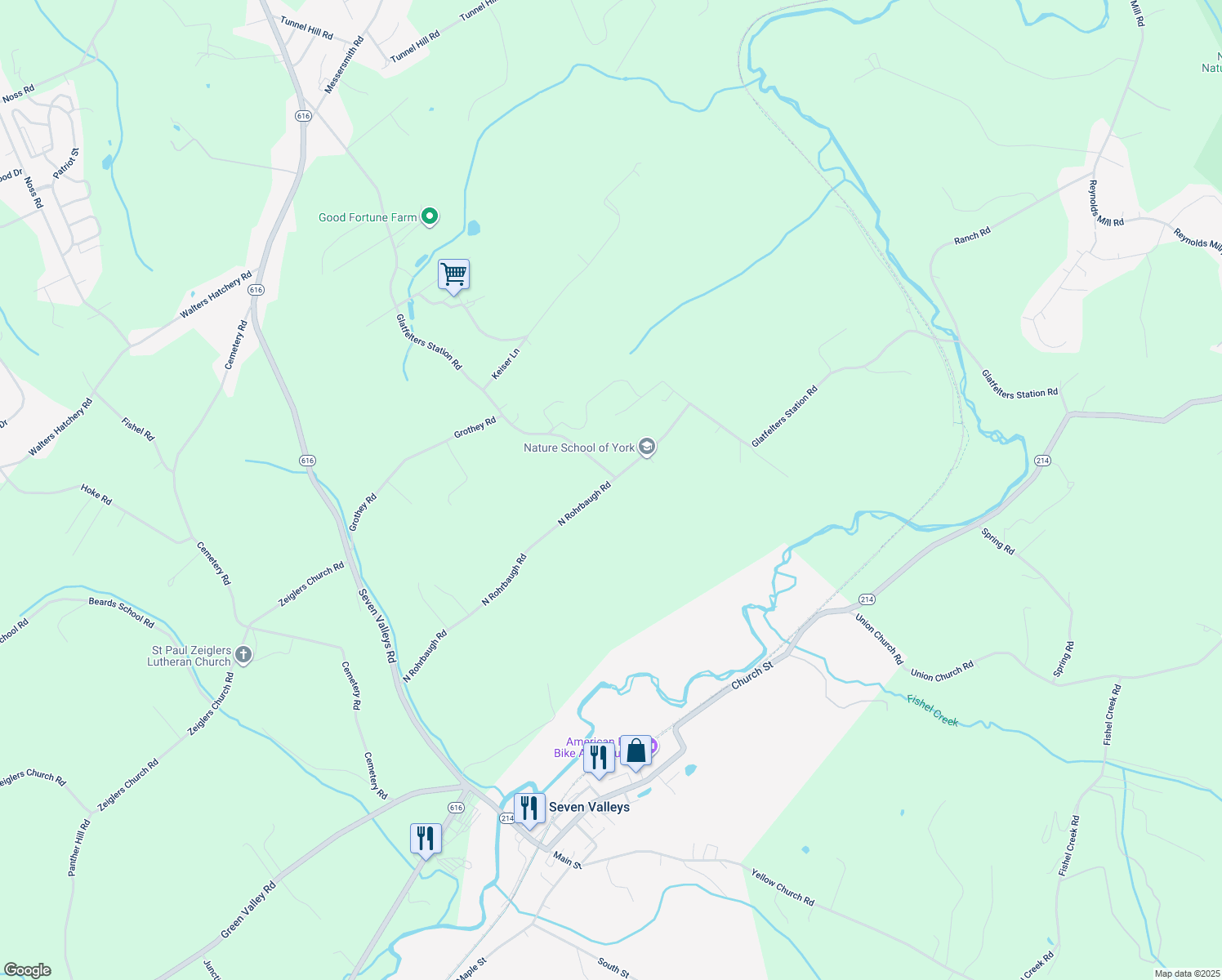 map of restaurants, bars, coffee shops, grocery stores, and more near 3936 North Rohrbaugh Road in Seven Valleys