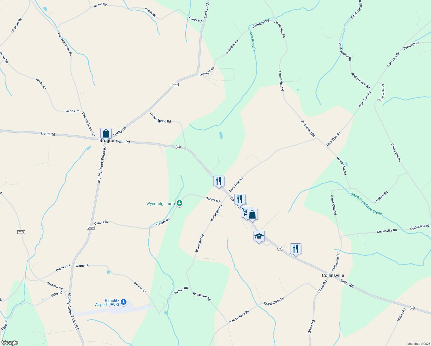 map of restaurants, bars, coffee shops, grocery stores, and more near 2485 Delta Road in Brogue