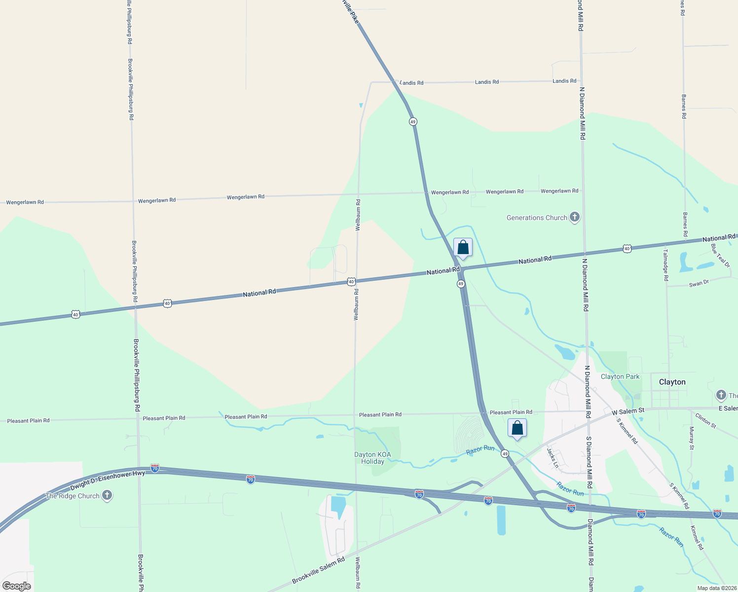 map of restaurants, bars, coffee shops, grocery stores, and more near 8560 Wellbaum Road in Brookville