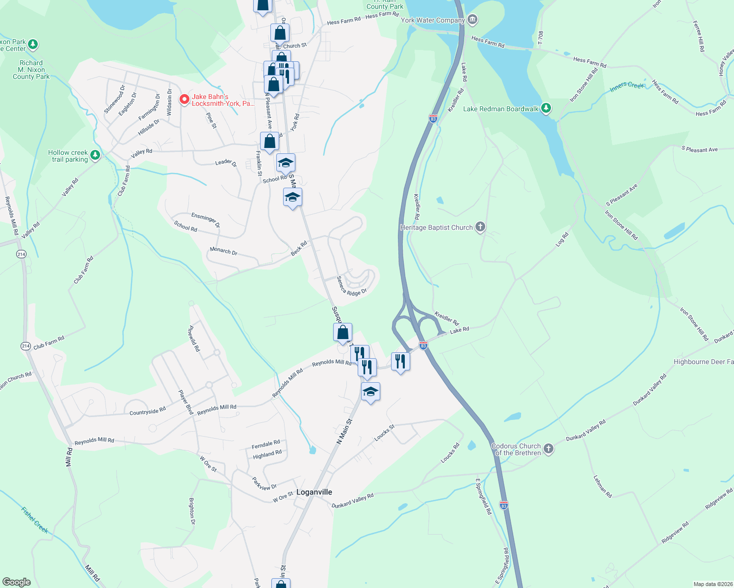 map of restaurants, bars, coffee shops, grocery stores, and more near 7078 Seneca Ridge Dr in York