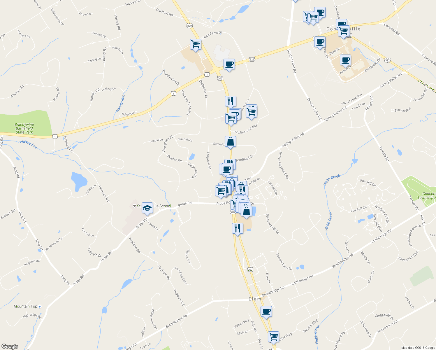 map of restaurants, bars, coffee shops, grocery stores, and more near 18 Longview Road in Glen Mills