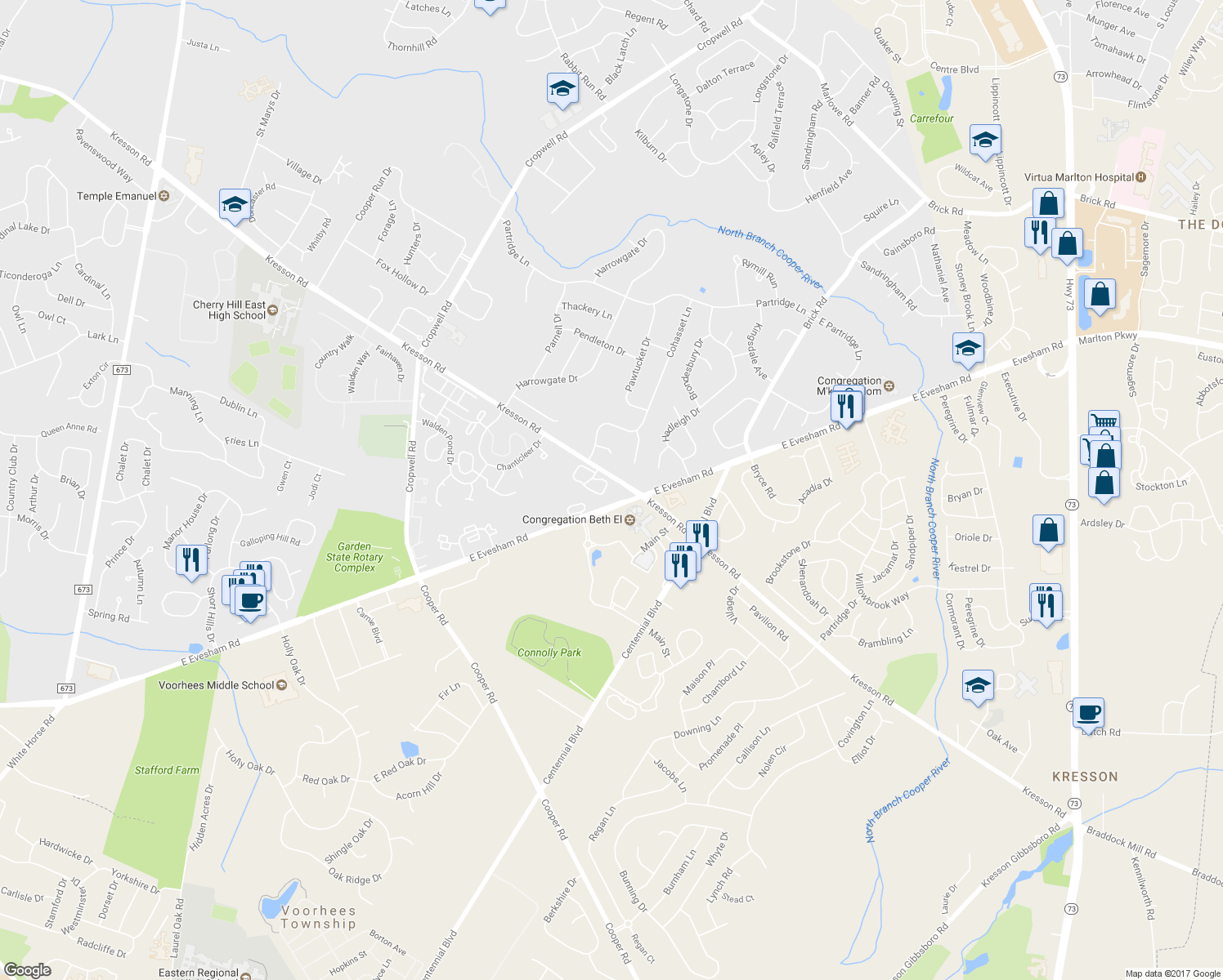 map of restaurants, bars, coffee shops, grocery stores, and more near 1303 The Woods in Cherry Hill