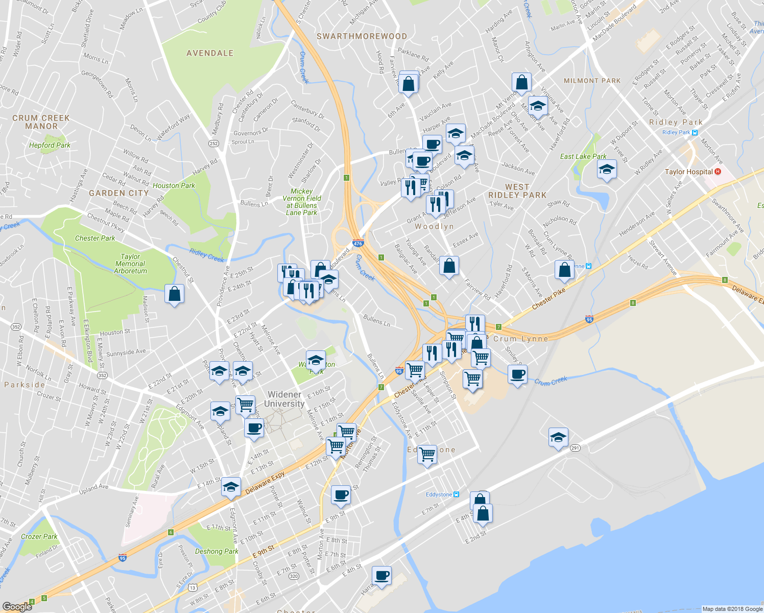 map of restaurants, bars, coffee shops, grocery stores, and more near 156 Crum Creek Drive in Woodlyn