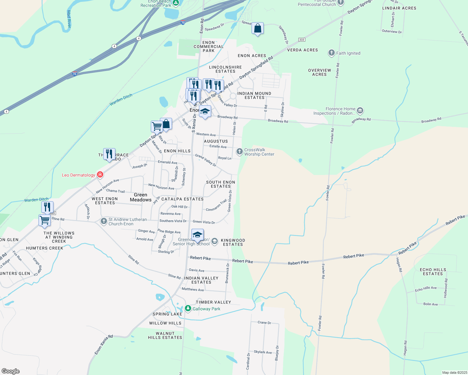map of restaurants, bars, coffee shops, grocery stores, and more near 411 Green Vista Drive in Enon