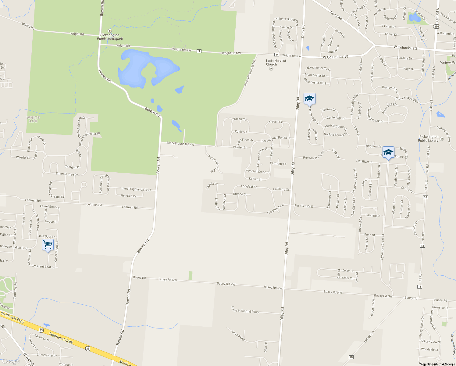 map of restaurants, bars, coffee shops, grocery stores, and more near 300 Pecan Court in Pickerington