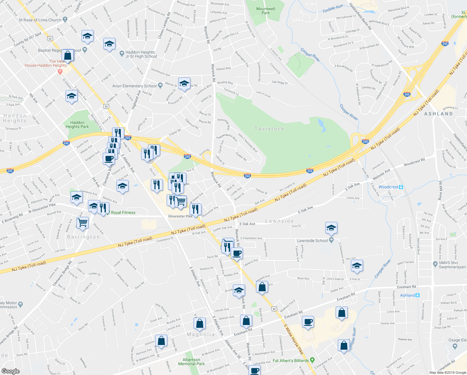 map of restaurants, bars, coffee shops, grocery stores, and more near 28 Mott Street in Lawnside