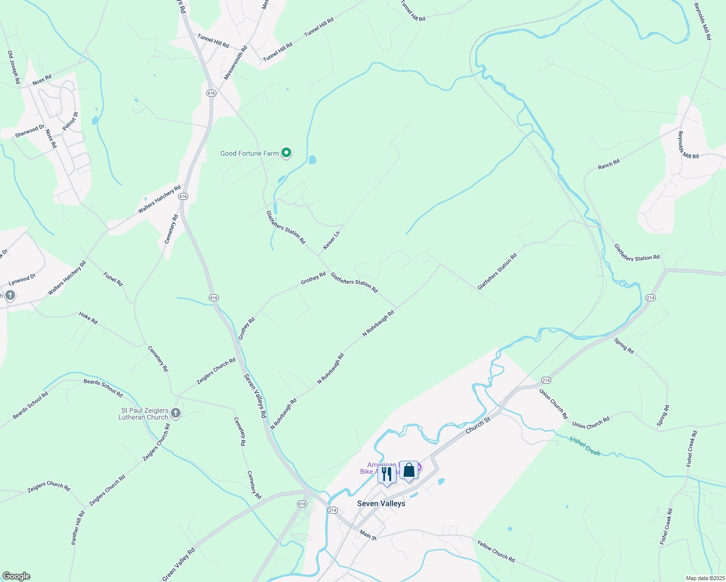 map of restaurants, bars, coffee shops, grocery stores, and more near 6055 Glatfelters Station Road in Seven Valleys