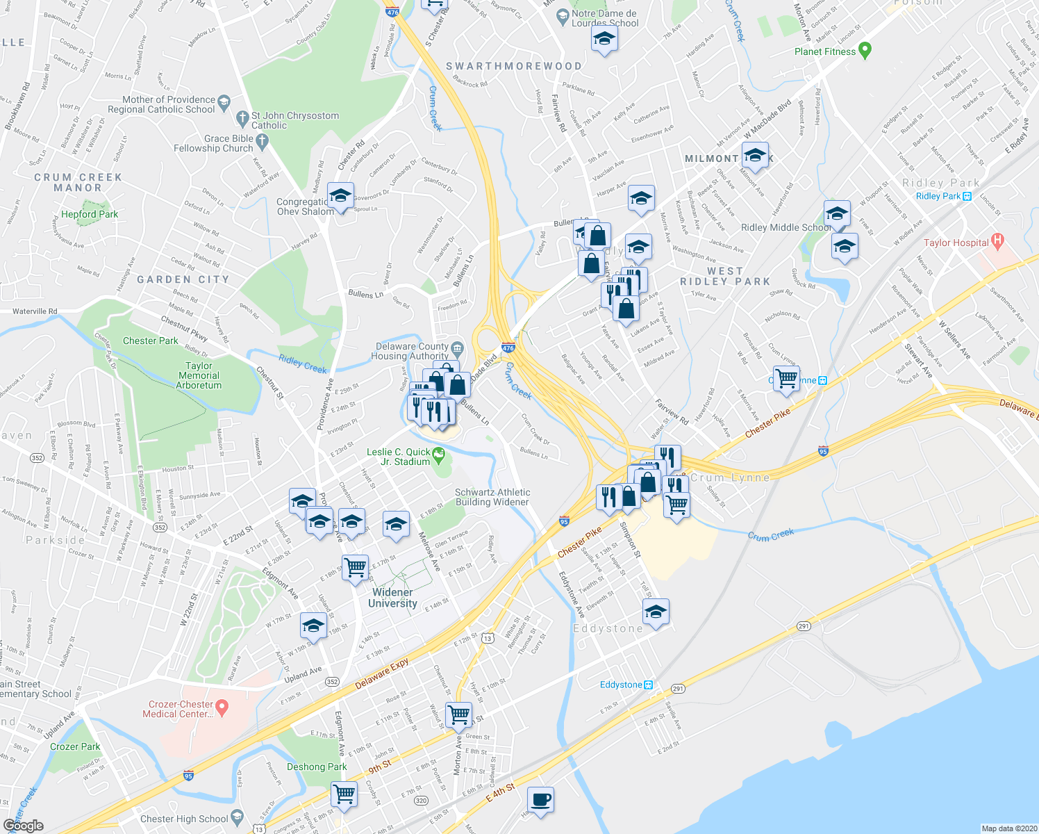 map of restaurants, bars, coffee shops, grocery stores, and more near 189 Crum Creek Drive in Woodlyn