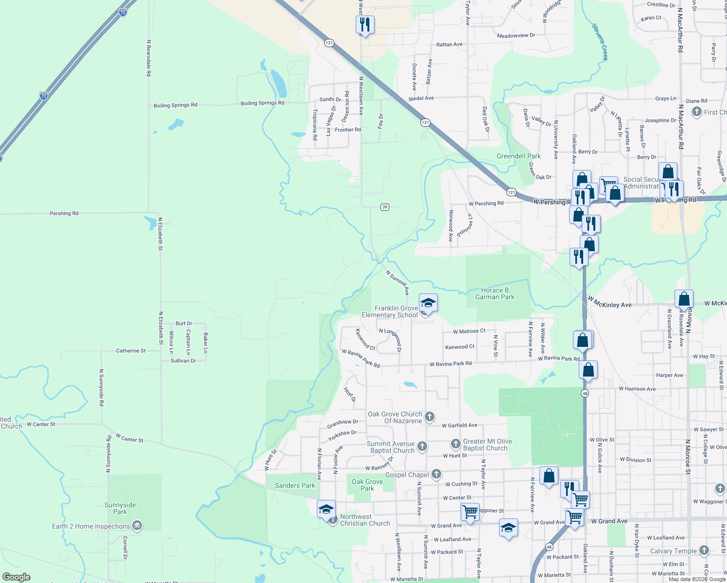 map of restaurants, bars, coffee shops, grocery stores, and more near Stevens Creek Bikeway in Decatur