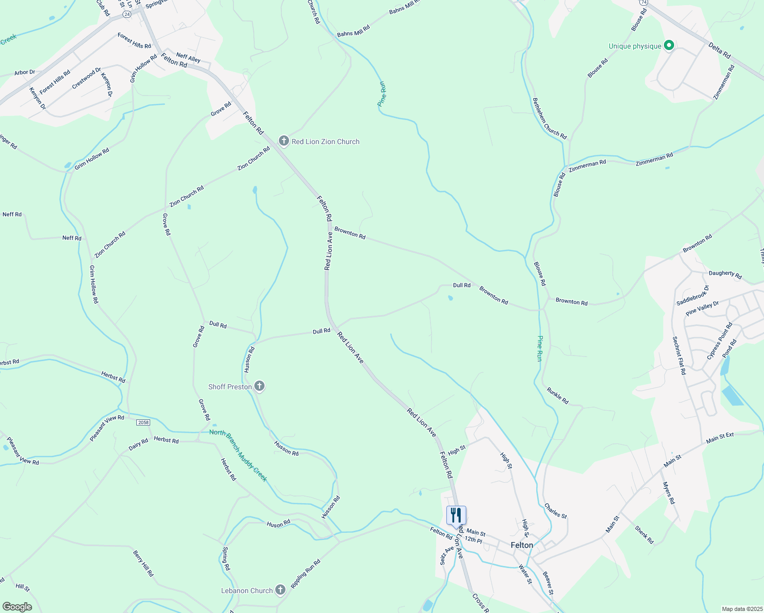map of restaurants, bars, coffee shops, grocery stores, and more near 435 Dull Road in Felton