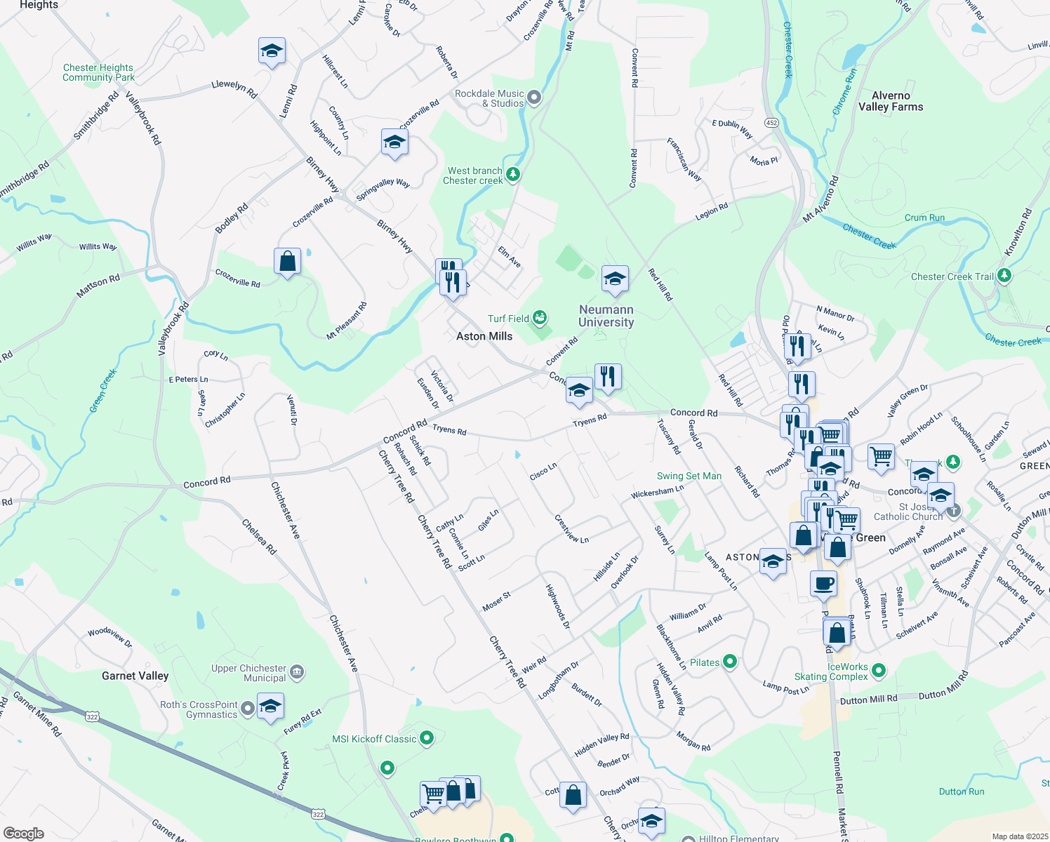 map of restaurants, bars, coffee shops, grocery stores, and more near 9 Sunnybank Ln in Aston