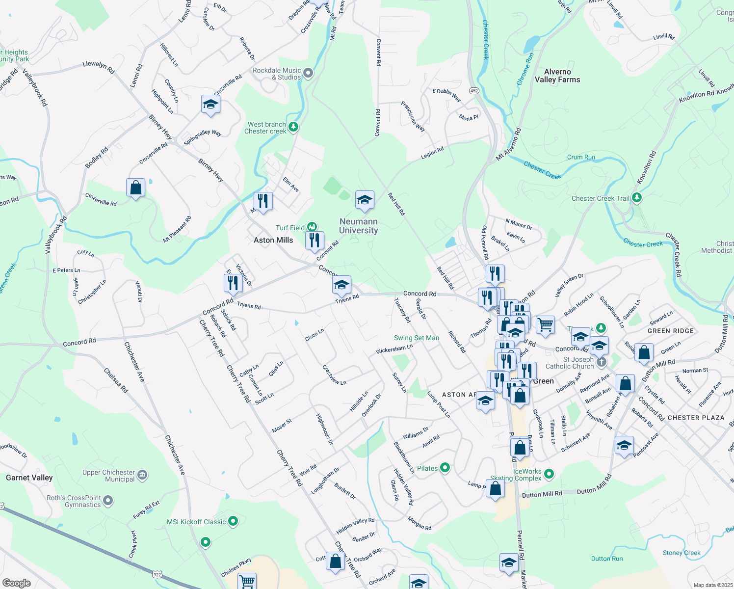 map of restaurants, bars, coffee shops, grocery stores, and more near 4020 Concord Rd in Aston