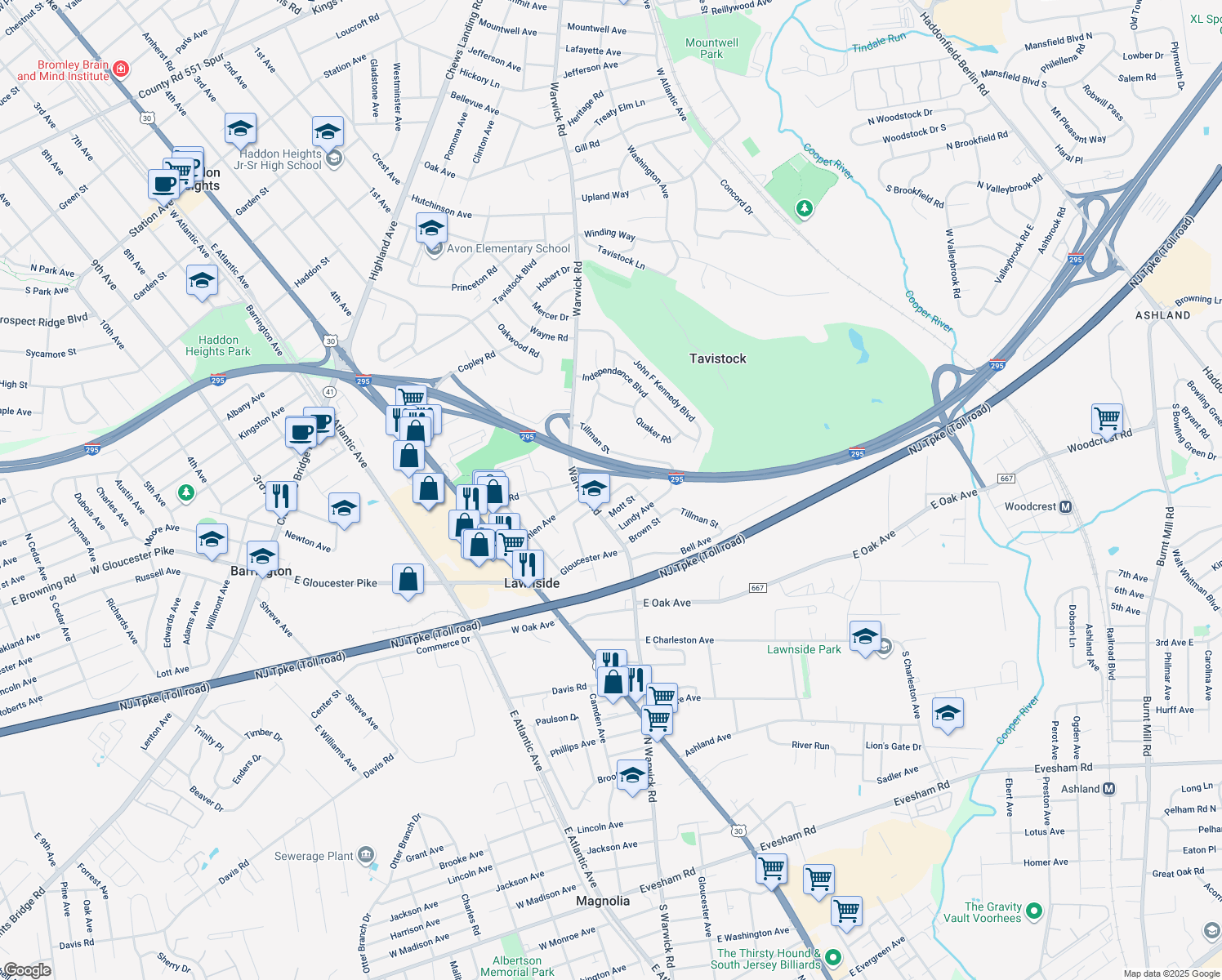 map of restaurants, bars, coffee shops, grocery stores, and more near 27 E Phoenix Ave in Lawnside