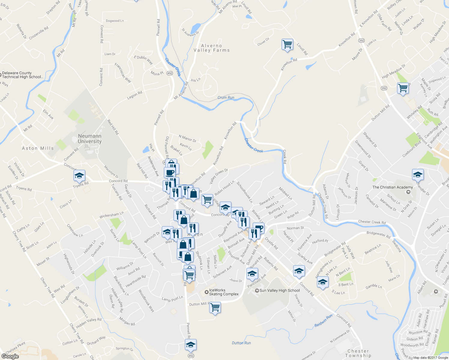 map of restaurants, bars, coffee shops, grocery stores, and more near 14 Sherwood Lane in Aston