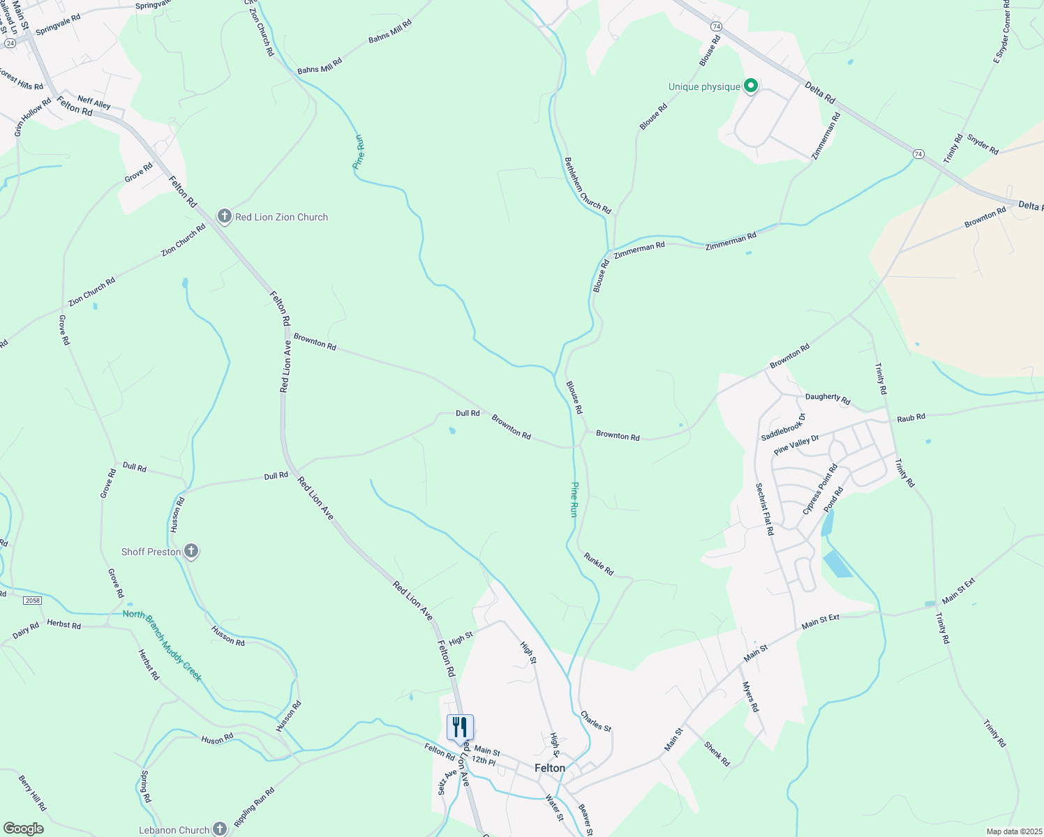 map of restaurants, bars, coffee shops, grocery stores, and more near 3150 Brownton Road in Red Lion