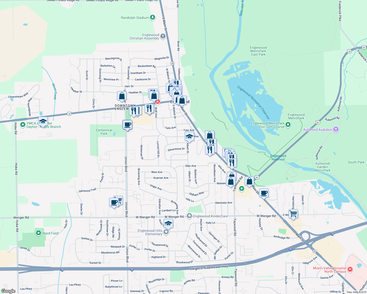 map of restaurants, bars, coffee shops, grocery stores, and more near 107 Silverstone Dr in Englewood