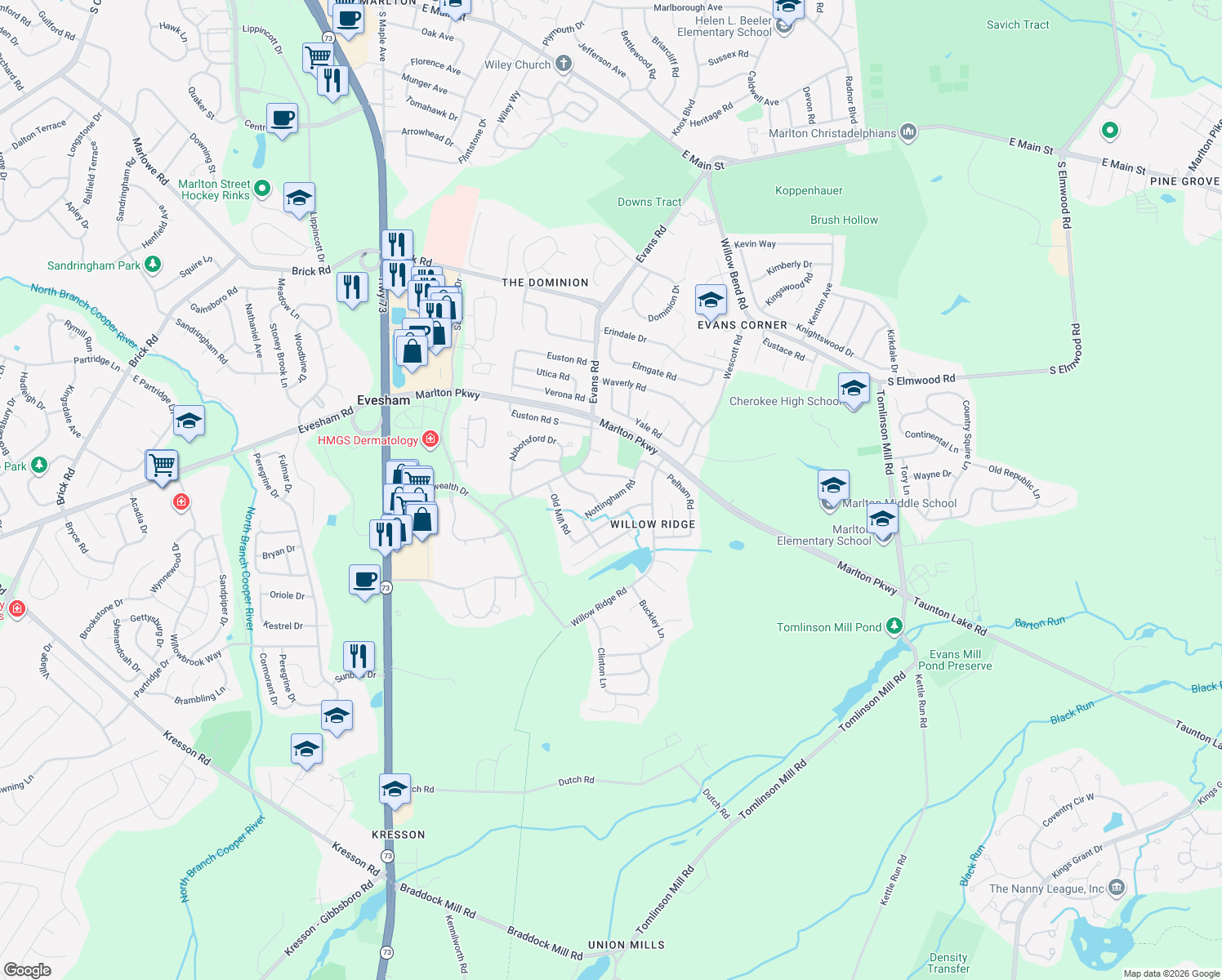 map of restaurants, bars, coffee shops, grocery stores, and more near 11 Nottingham Rd in Evesham Township
