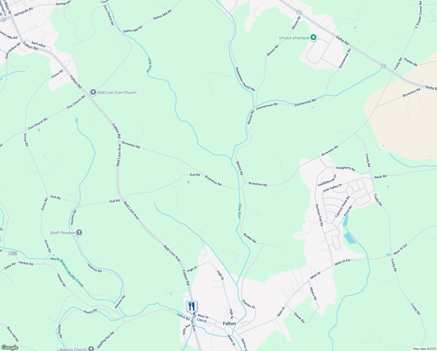 map of restaurants, bars, coffee shops, grocery stores, and more near 3150 Brownton Road in Red Lion