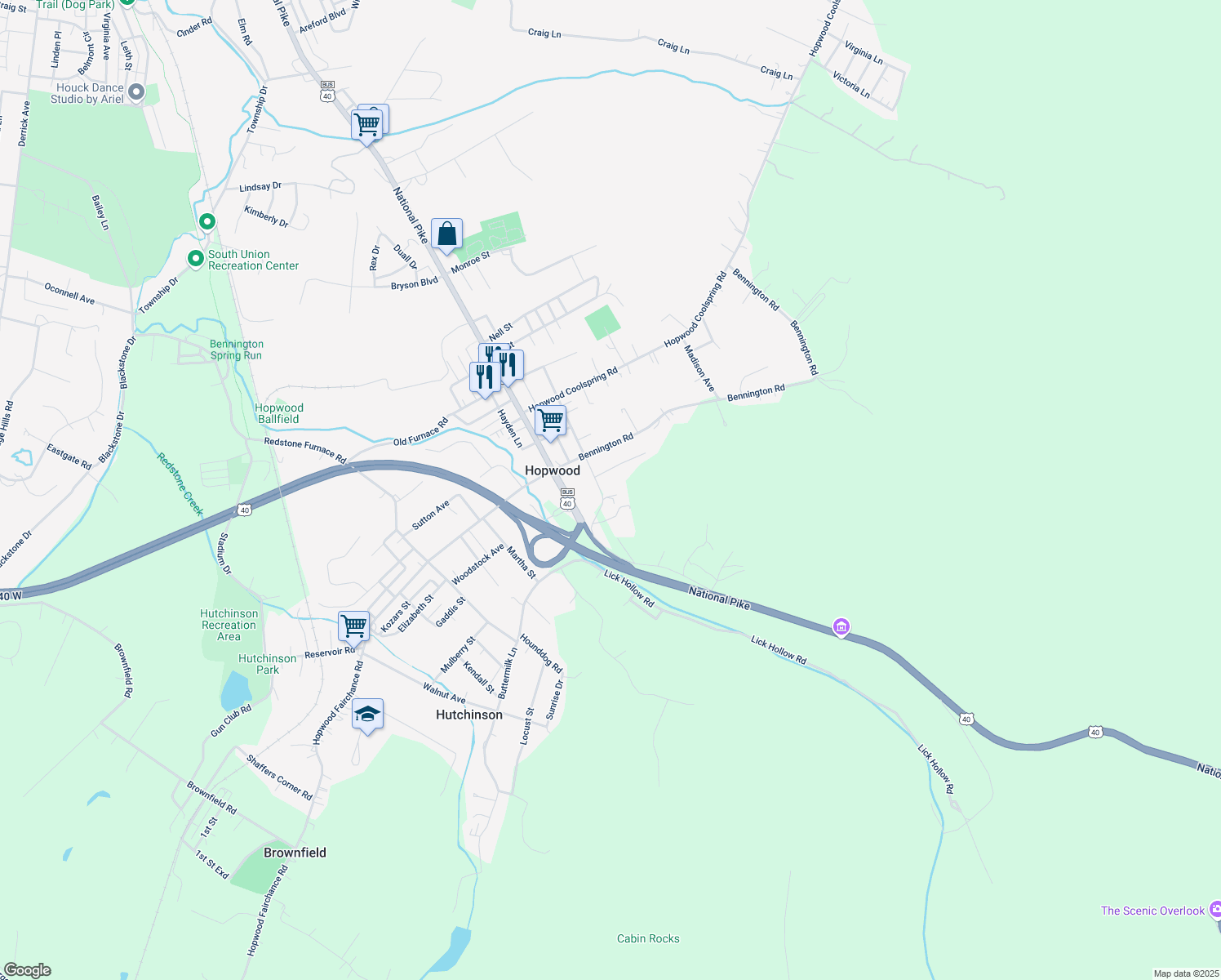 map of restaurants, bars, coffee shops, grocery stores, and more near 1002 Woodstock Ave in Hopwood