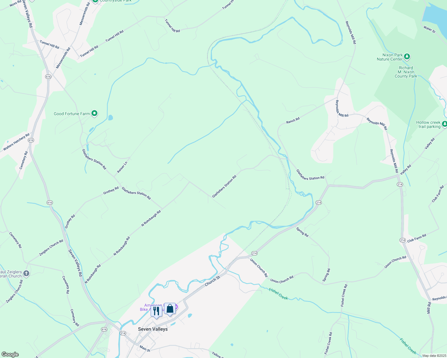 map of restaurants, bars, coffee shops, grocery stores, and more near 6308 Glatfelters Station Road in Seven Valleys