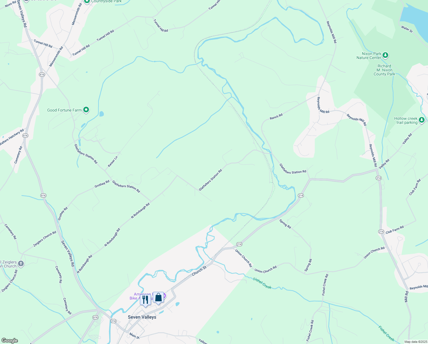 map of restaurants, bars, coffee shops, grocery stores, and more near 6308 Glatfelters Station Road in Seven Valleys