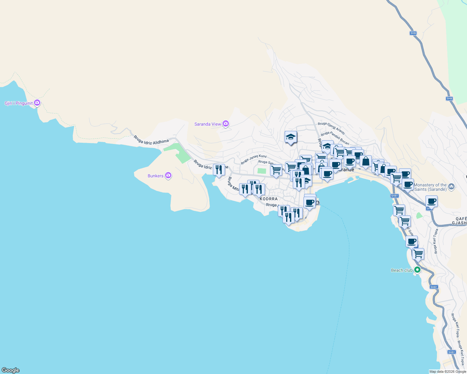 map of restaurants, bars, coffee shops, grocery stores, and more near Rruga Mitat Hoxha in Sarandë
