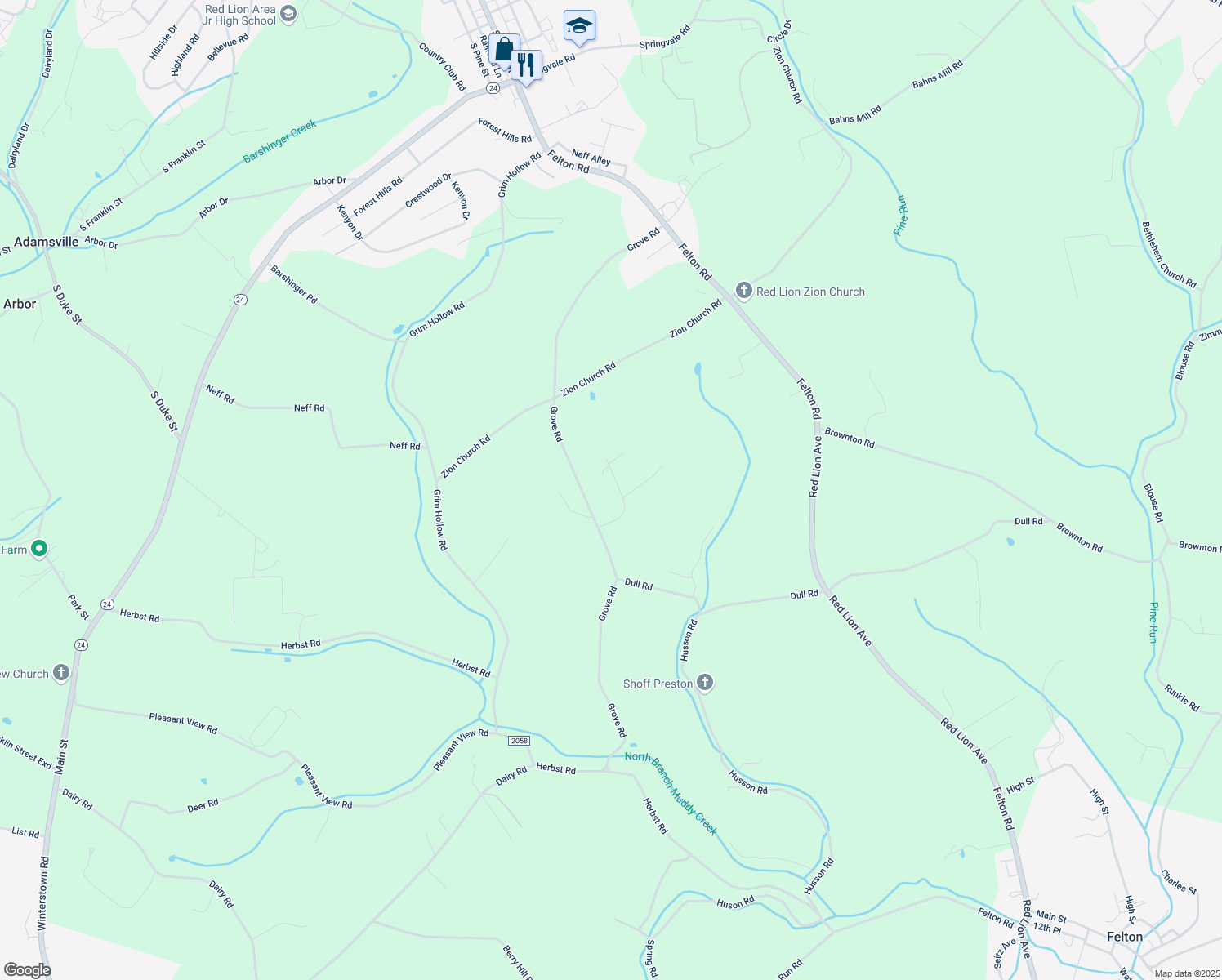 map of restaurants, bars, coffee shops, grocery stores, and more near 1145 Brook Ln in Red Lion