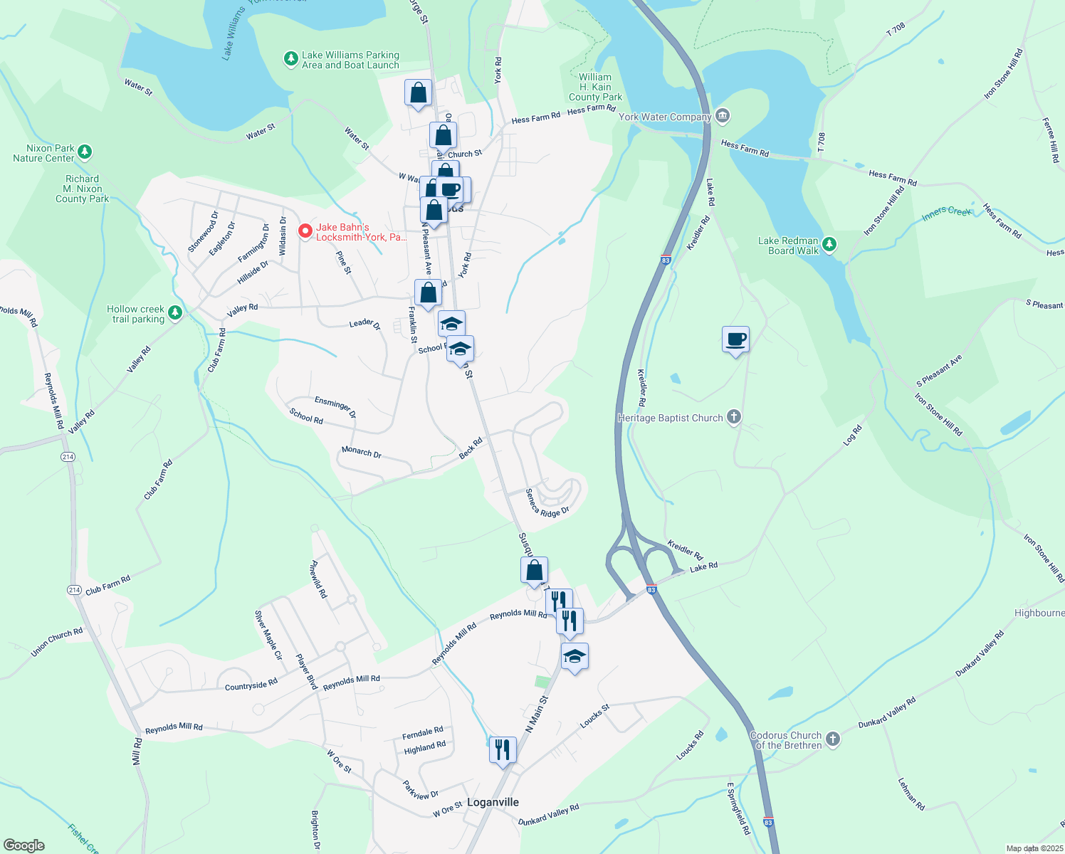 map of restaurants, bars, coffee shops, grocery stores, and more near 7557 Seneca Ridge Drive in York