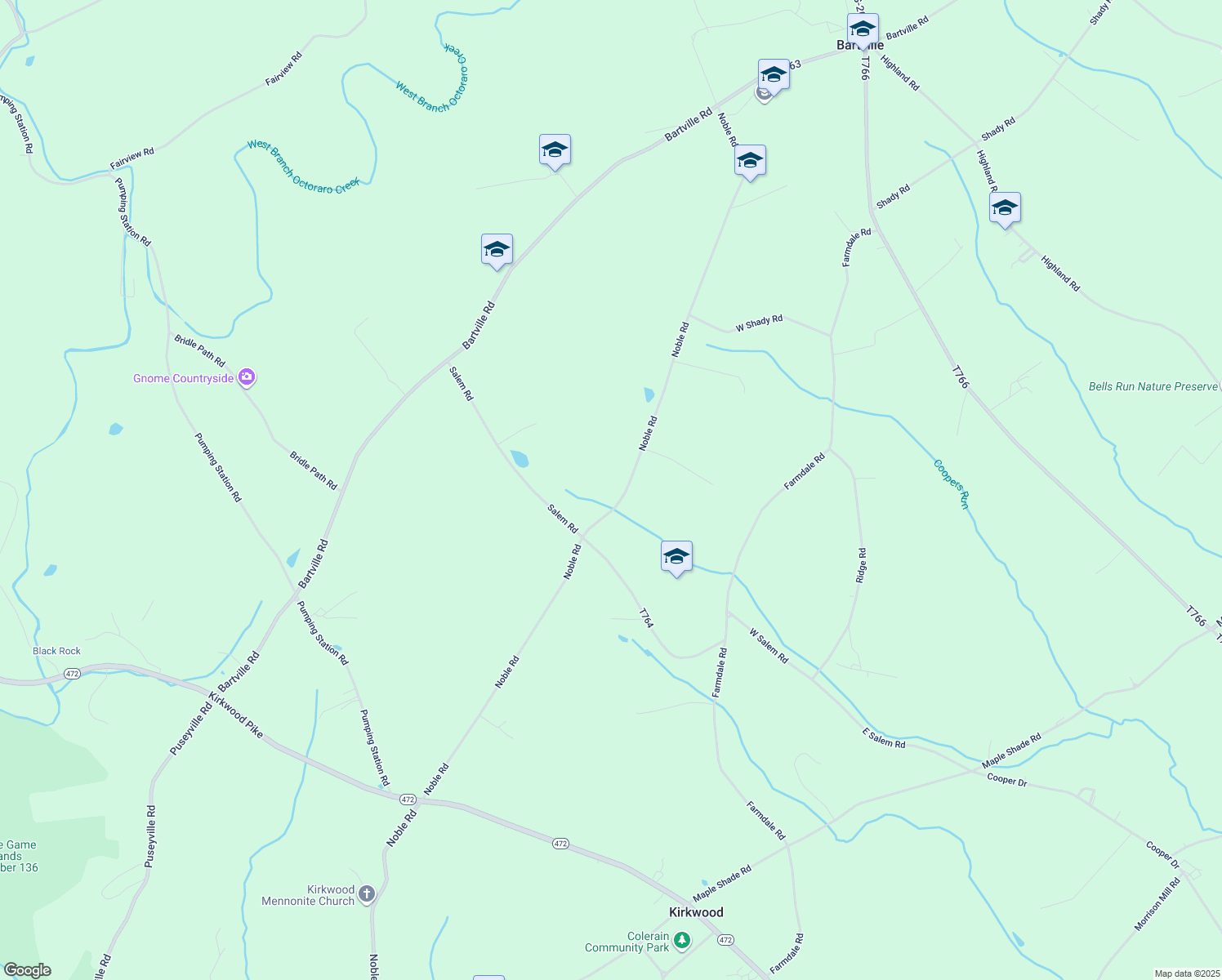 map of restaurants, bars, coffee shops, grocery stores, and more near 1627 Noble Road in Kirkwood