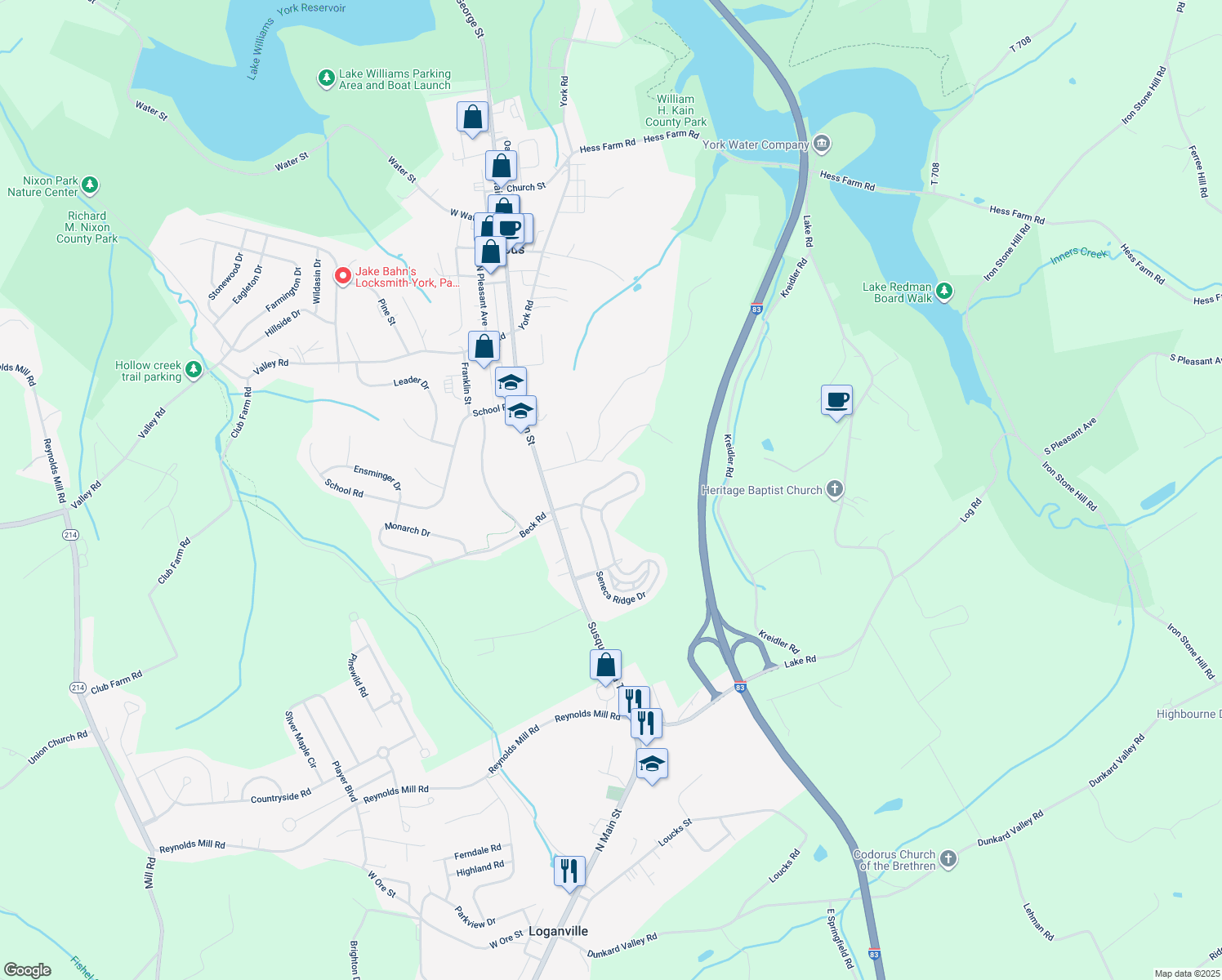 map of restaurants, bars, coffee shops, grocery stores, and more near 7787 Seneca Ridge Drive in York