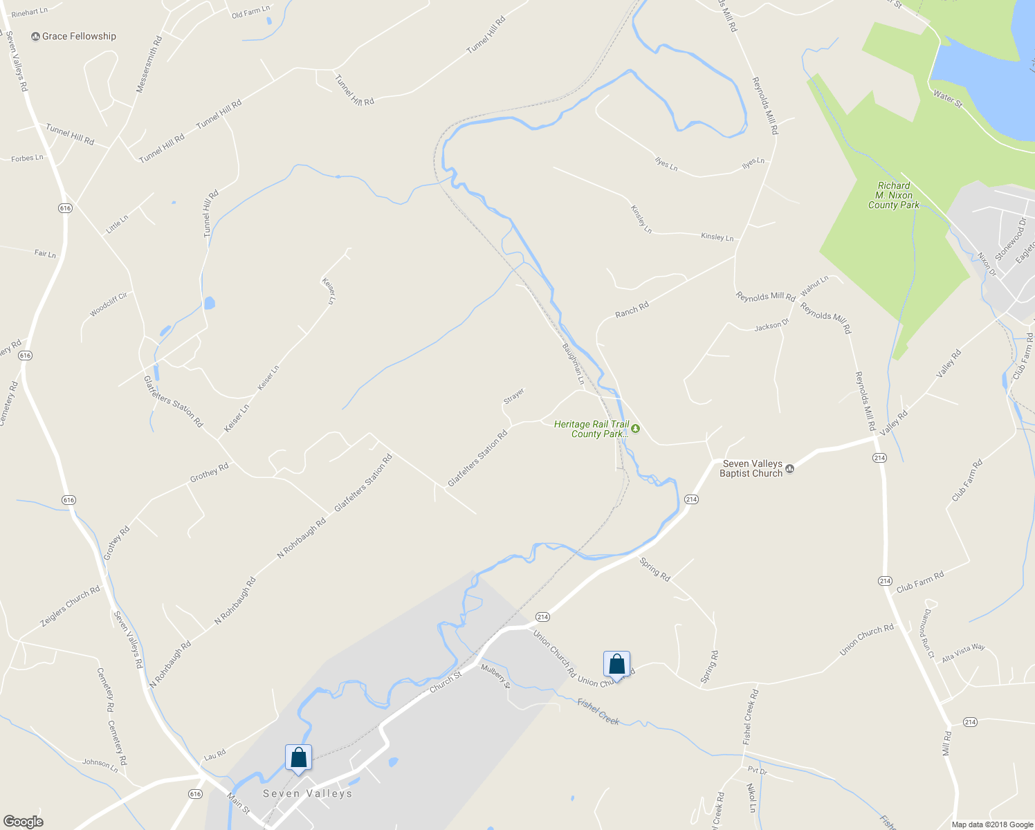 map of restaurants, bars, coffee shops, grocery stores, and more near 6338 Glatfelters Station Road in Seven Valleys
