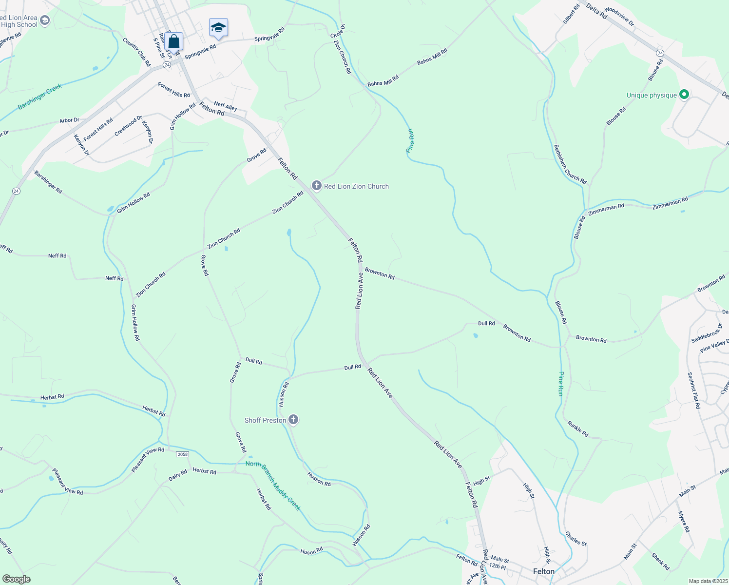 map of restaurants, bars, coffee shops, grocery stores, and more near 1215 Felton Road in Red Lion