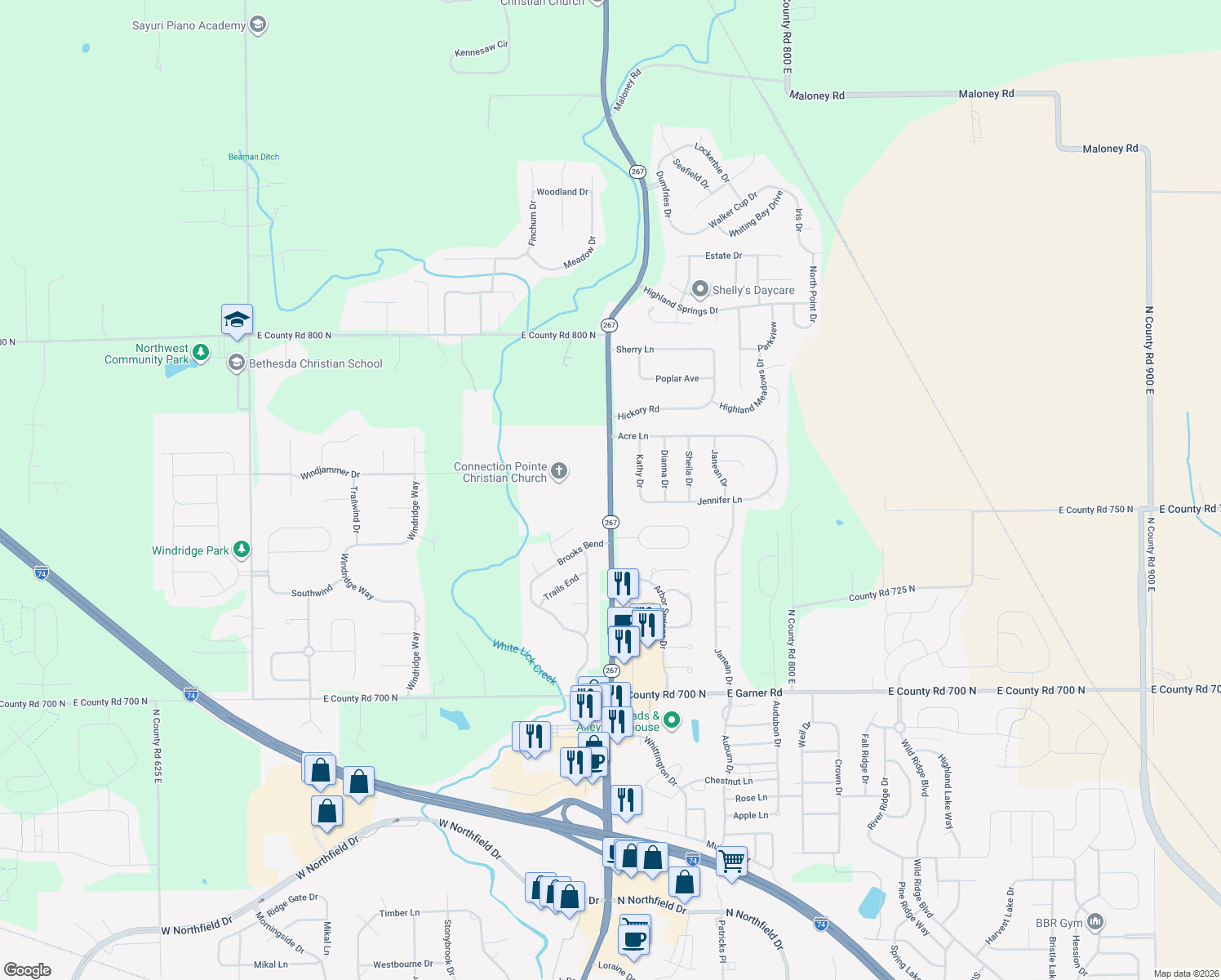 map of restaurants, bars, coffee shops, grocery stores, and more near 7547 Highway 267 in Brownsburg