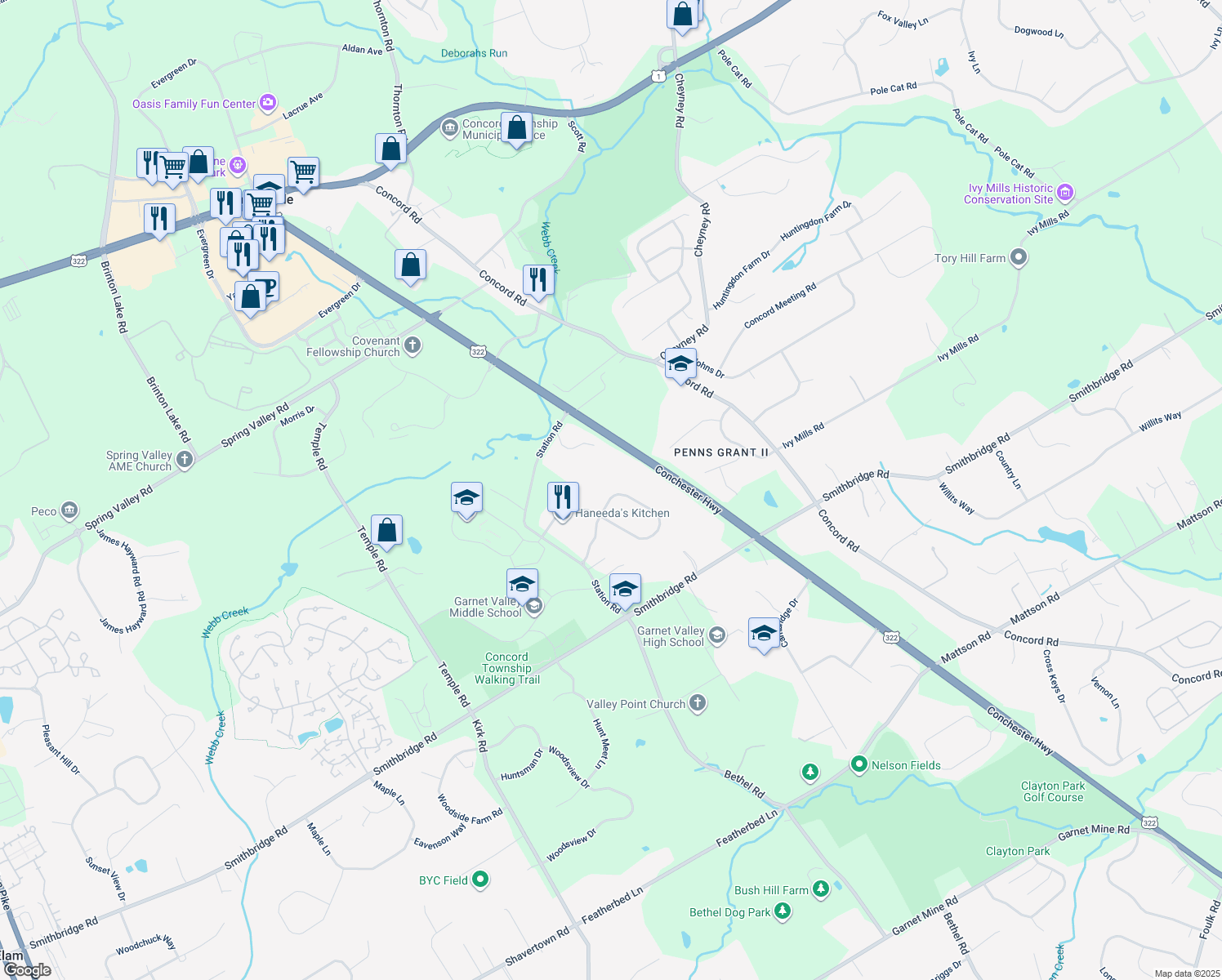 map of restaurants, bars, coffee shops, grocery stores, and more near 73 Mount Aire Farm Road in Glen Mills