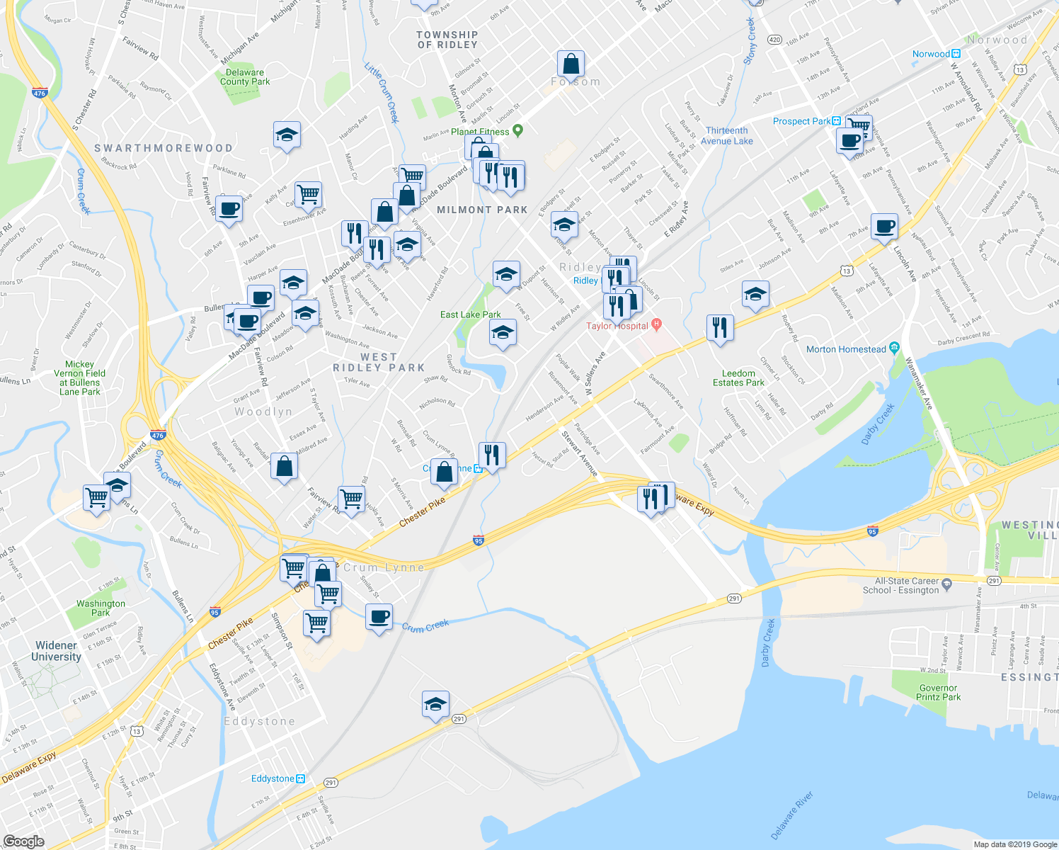 map of restaurants, bars, coffee shops, grocery stores, and more near 220 Henderson Avenue in Ridley Park