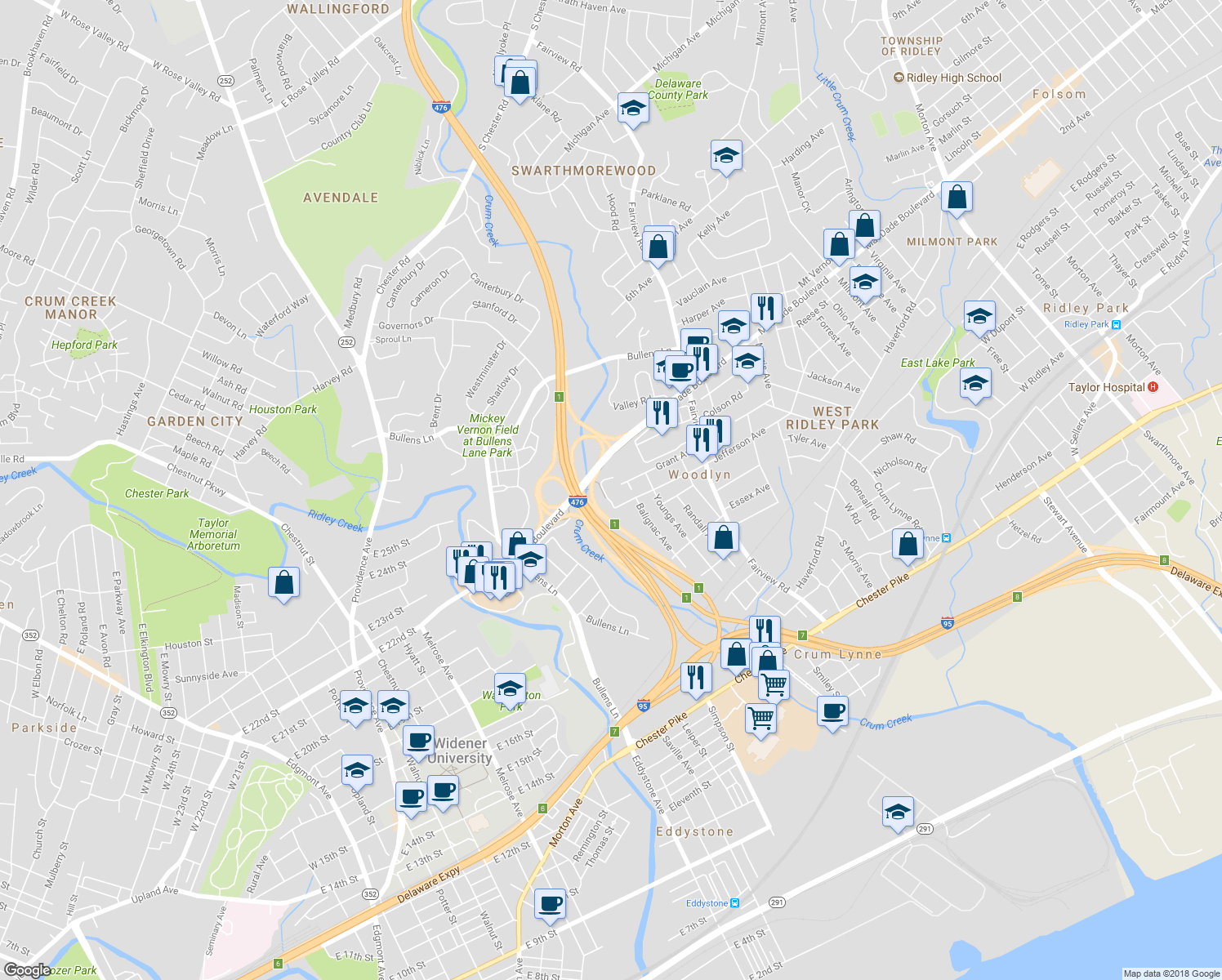 map of restaurants, bars, coffee shops, grocery stores, and more near 218 Elmwood Avenue in Woodlyn
