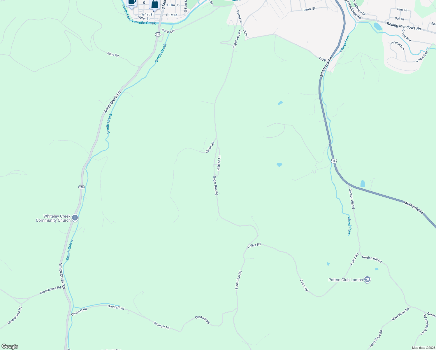 map of restaurants, bars, coffee shops, grocery stores, and more near 132 Hillside Lane in Waynesburg