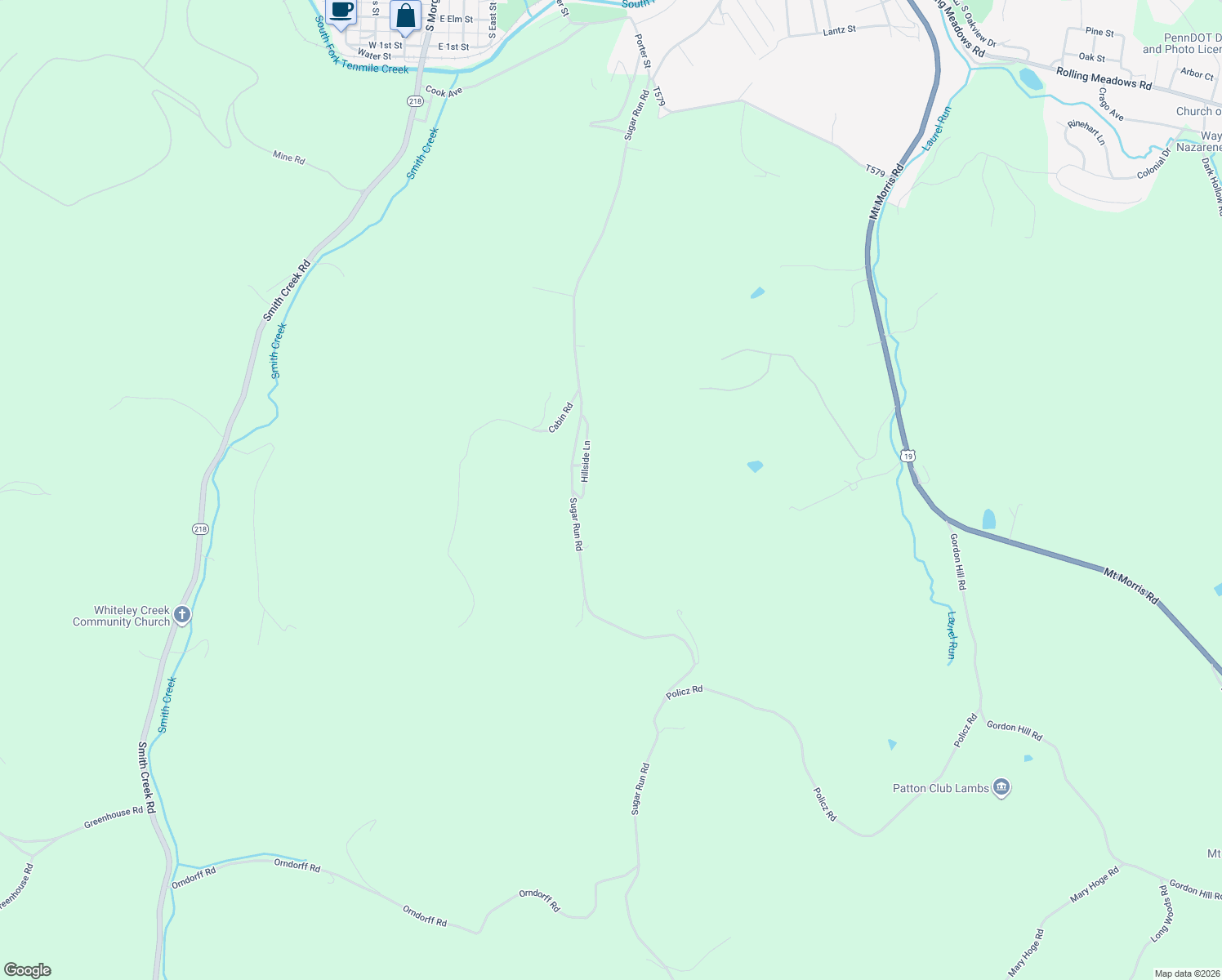 map of restaurants, bars, coffee shops, grocery stores, and more near 132 Hillside Lane in Waynesburg