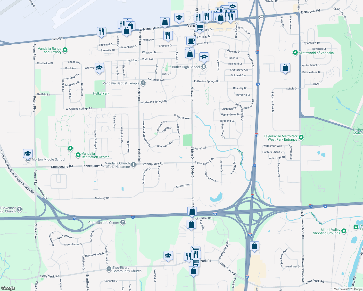 map of restaurants, bars, coffee shops, grocery stores, and more near 1348 Leaf Tree Lane in Vandalia