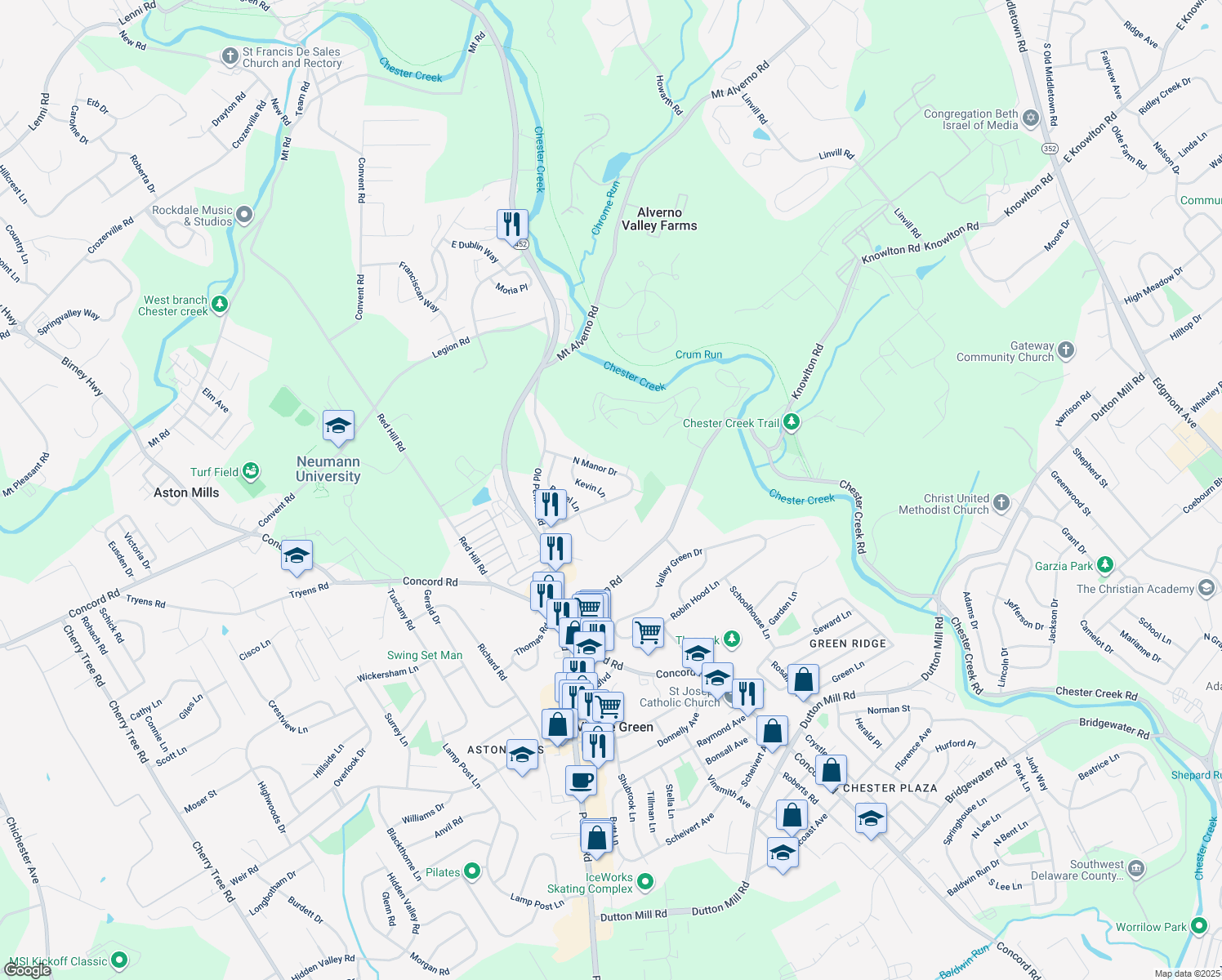 map of restaurants, bars, coffee shops, grocery stores, and more near 205 Kevin Lane in Media
