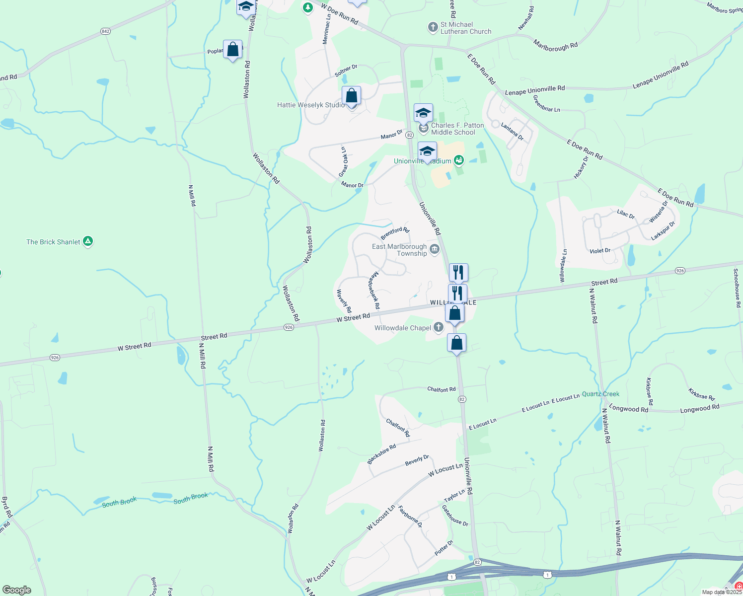 map of restaurants, bars, coffee shops, grocery stores, and more near 707 Meadowbank Road in Kennett Square
