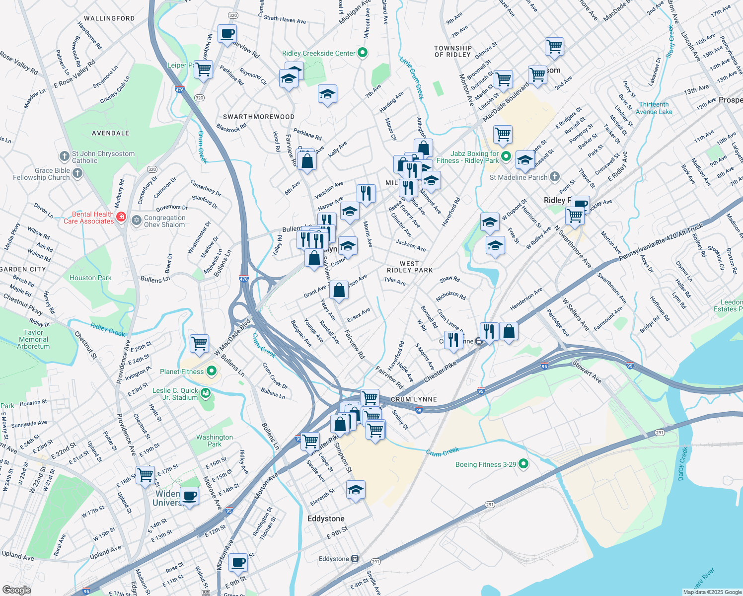 map of restaurants, bars, coffee shops, grocery stores, and more near 162 Taylor Avenue in Woodlyn