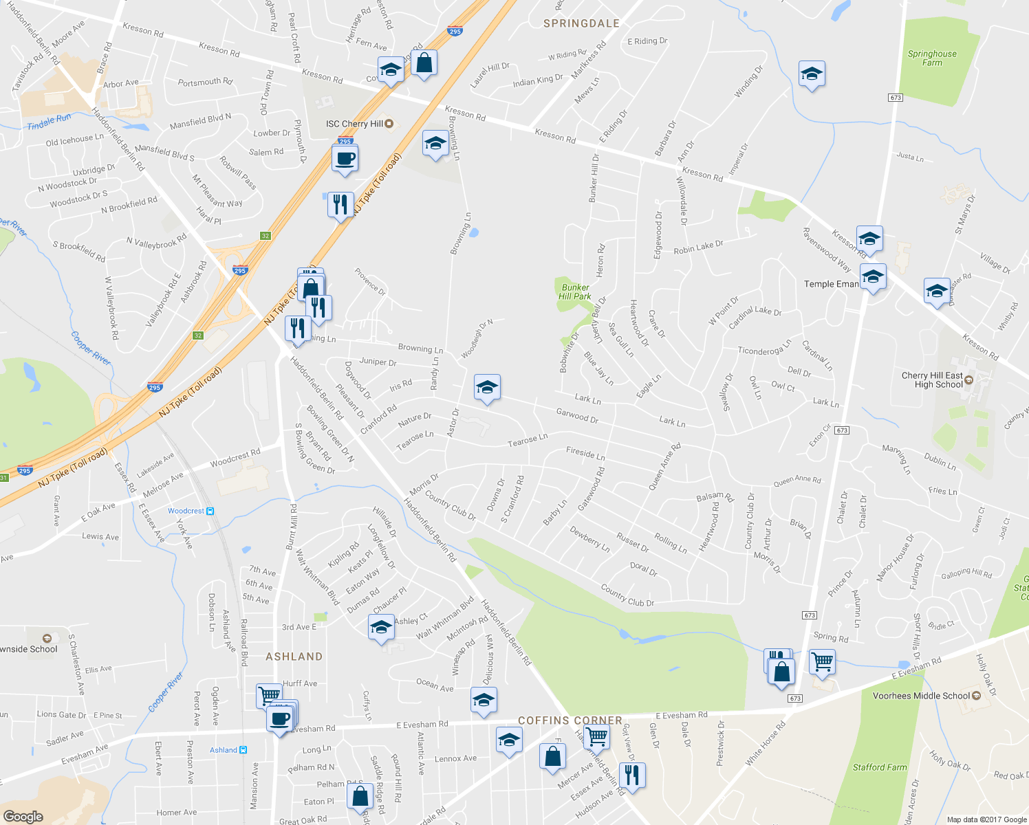 map of restaurants, bars, coffee shops, grocery stores, and more near 407 Cranford Road in Cherry Hill