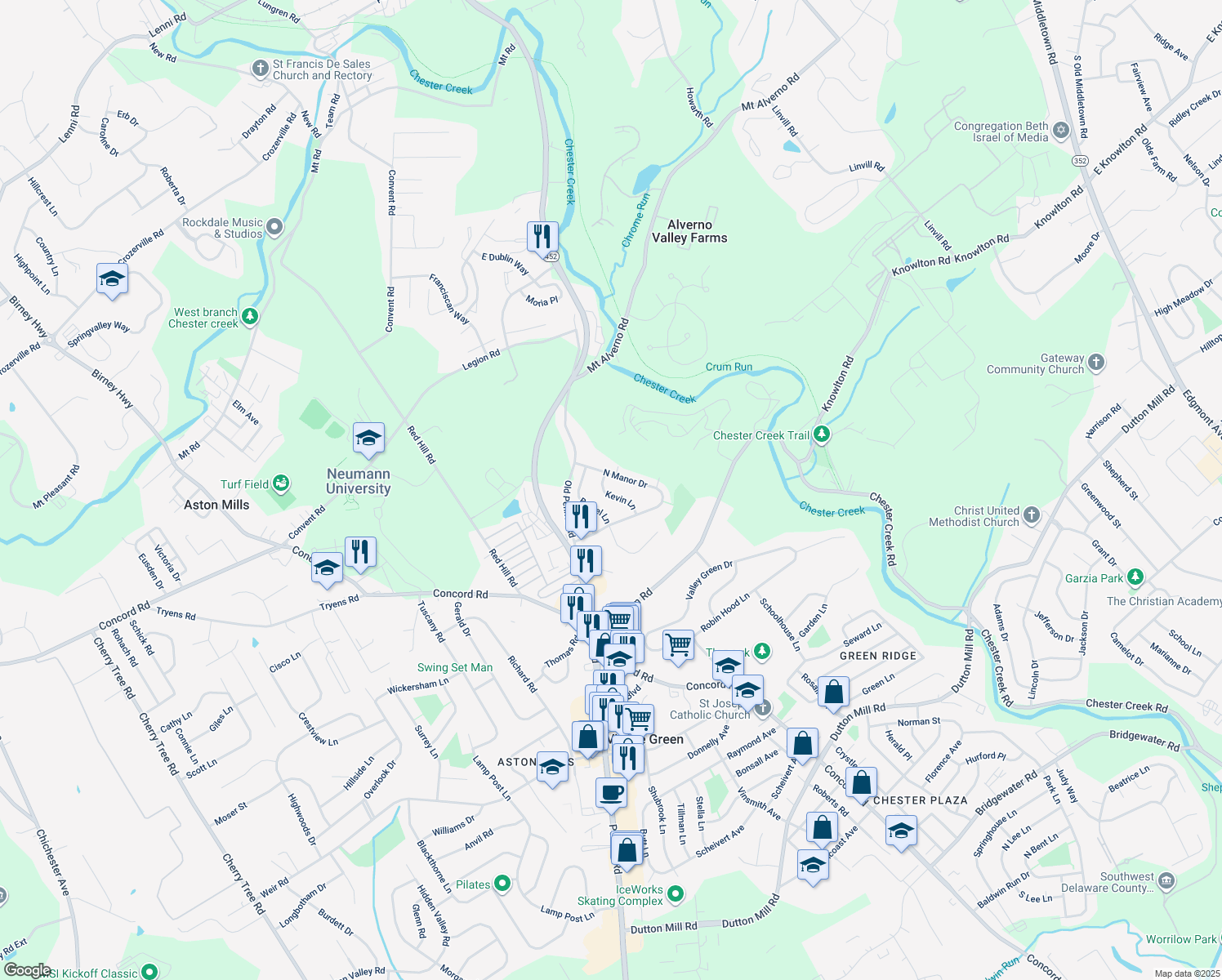 map of restaurants, bars, coffee shops, grocery stores, and more near 235 Kevin Lane in Media